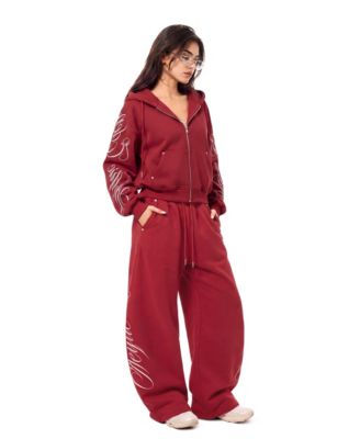 Women's Boxy Script Embroidery Hoodie and Pants, 2-Piece Set