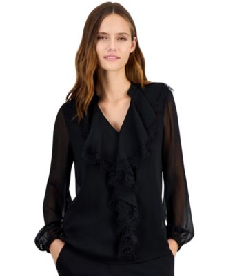 Women's Long-Sleeve Chiffon Ruffle Neck Blouse