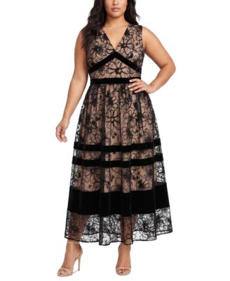 Plus Size Lace-Velvet Combo Fit & Flare Floral-Print Dress