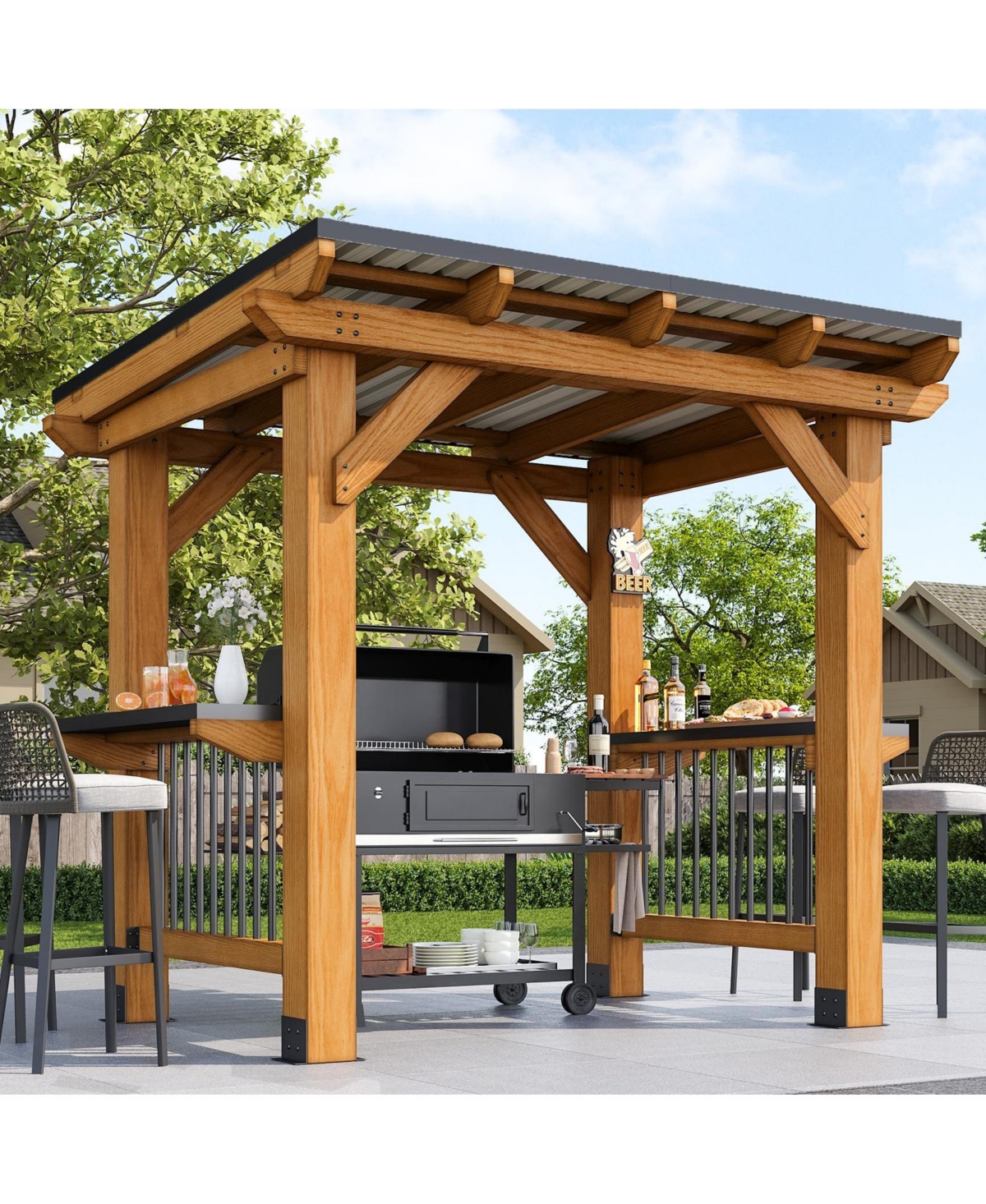 Aoxun 8 x 5 Feet Cedar Grill Gazebo with Steel Roof