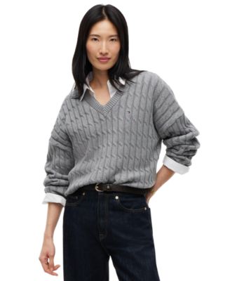 Women's Cable-Knit V-Neck Long-Sleeve Sweater