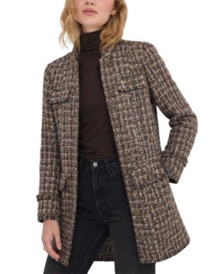 Women's Mandarin Collar Faux Fur Tweed Coat