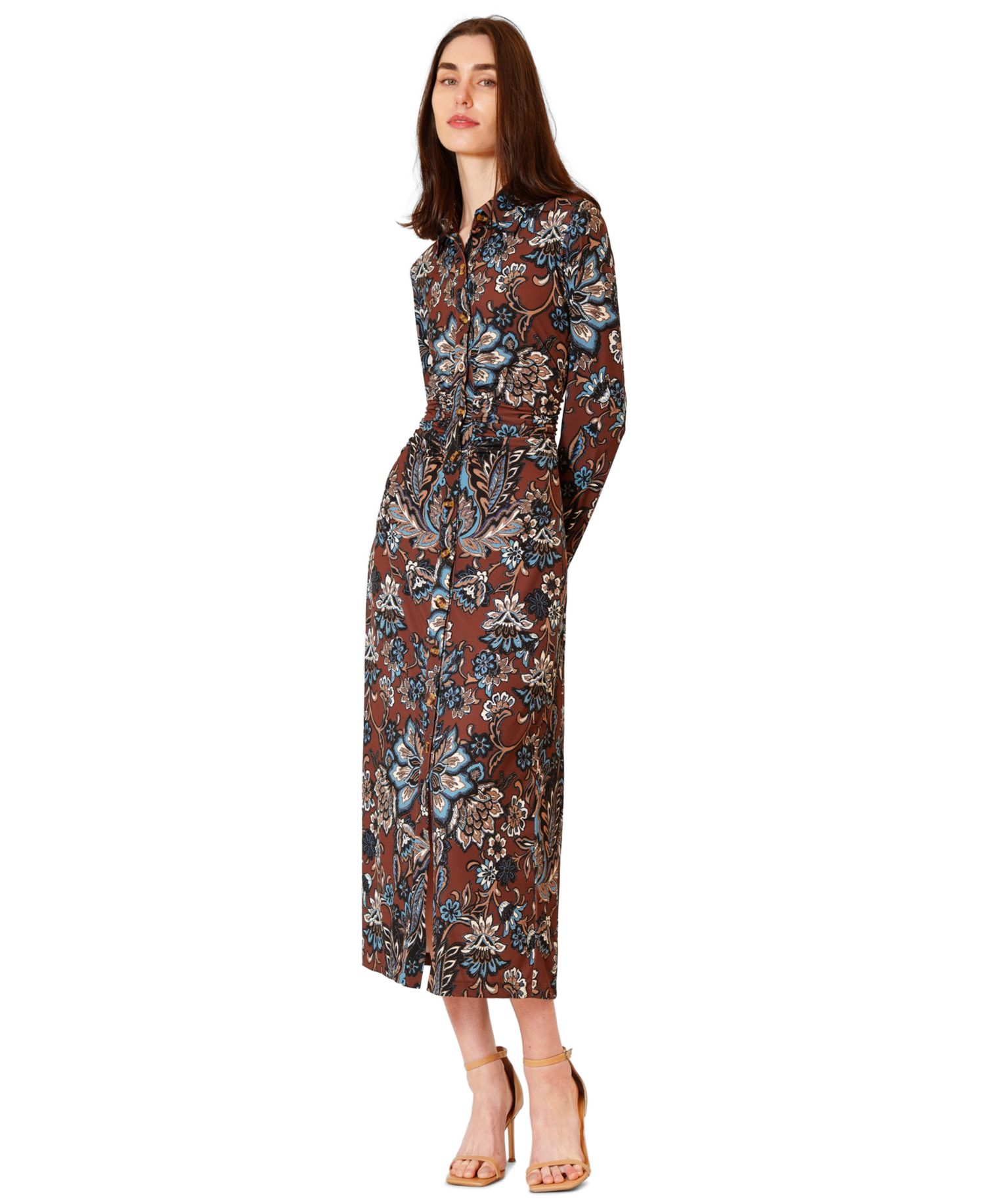 Women's Printed Long-Sleeve Collared Dress