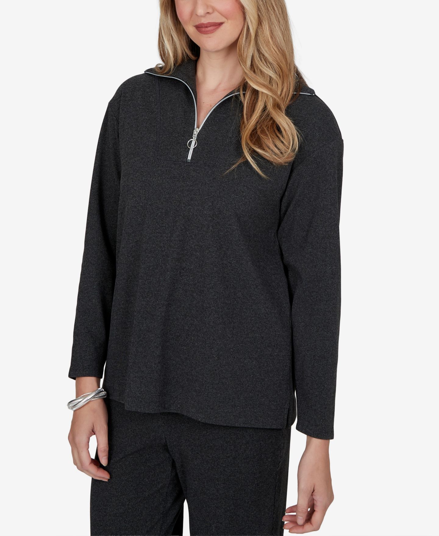 Женский топ Ruby Rd. Petite Ribbed-Knit Quarter-Zip Long-Sleeve, цвет: Угольный меланжевый — фото 4