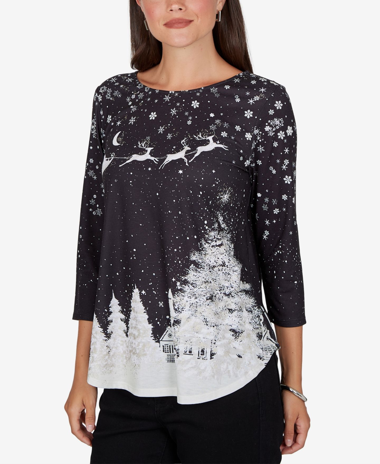 Женская футболка Ruby Rd. Petite Snowflake Holiday 3/4-Sleeve, цвет: Чёрный разноцветный — фото 2