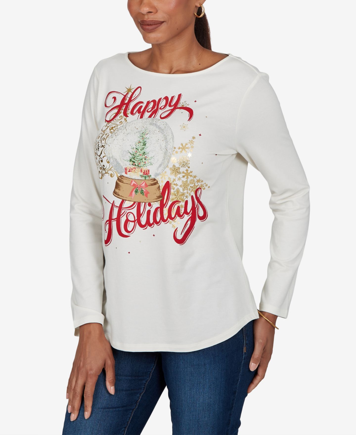 Женский топ Ruby Rd. Petite Boat-Neck Long-Sleeve Holidays, цвет: Слоновая кость разноцветный — фото 2