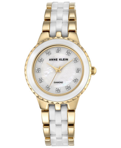 Anne Klein Women's Diamond Accent Gold-Tone and White Ceramic Bracelet Watch 34mm AK-2712WTGB