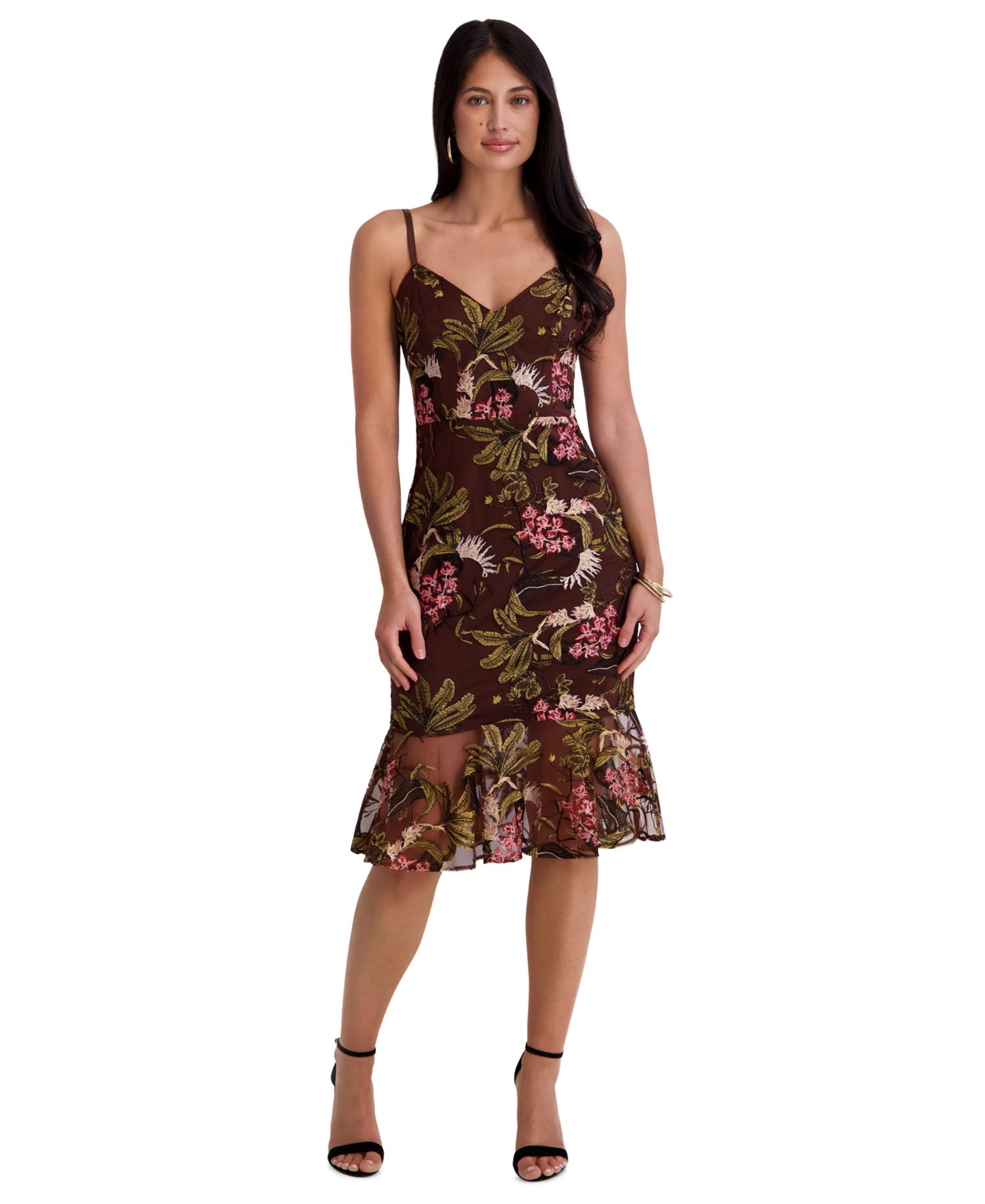 Women's Embroidered Mesh Sweetheart Neck Midi Dress