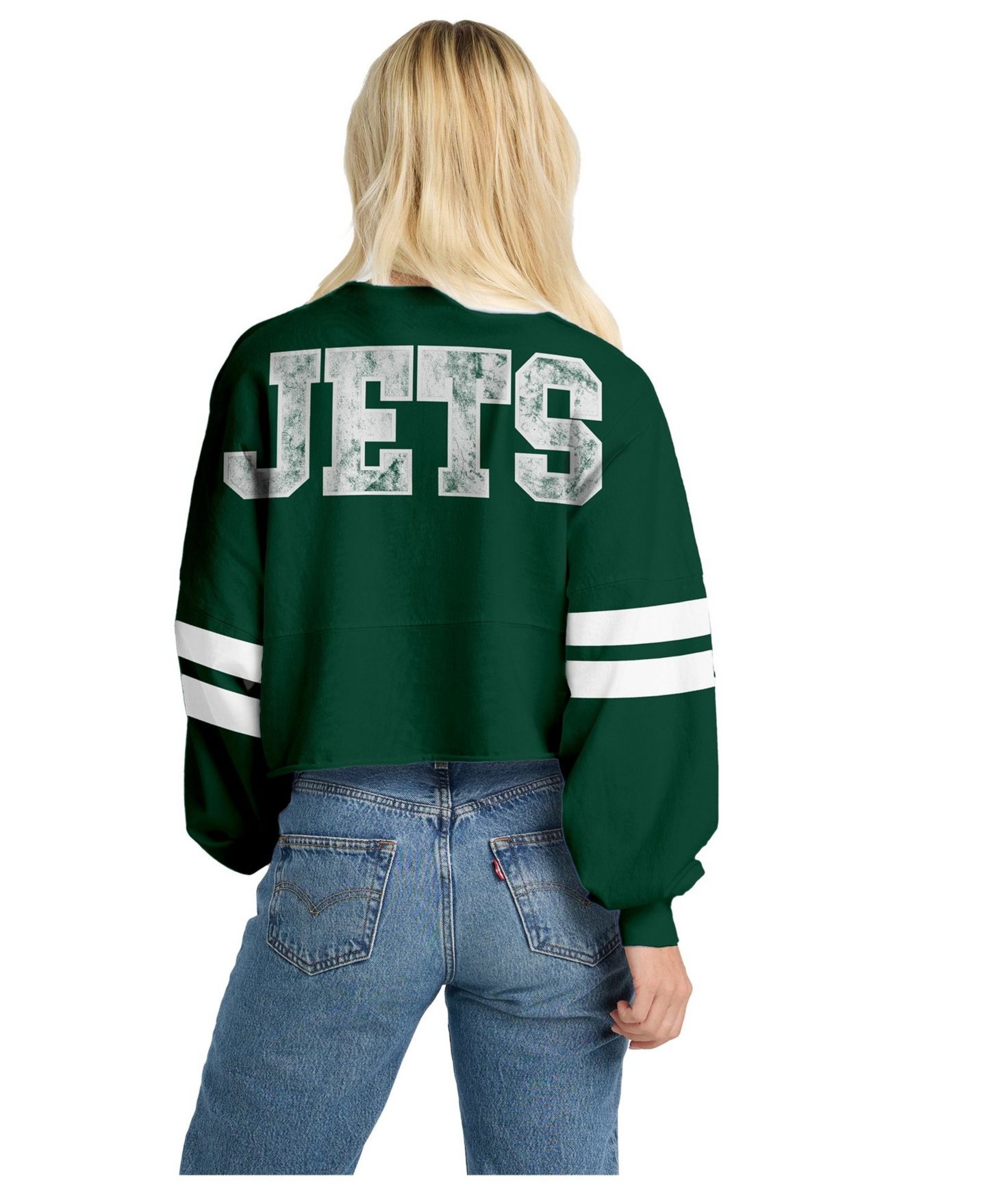 Женская футболка Spirit Jersey Green New York Jets Oversized Cropped Stripe Long Sleeve — фото 2
