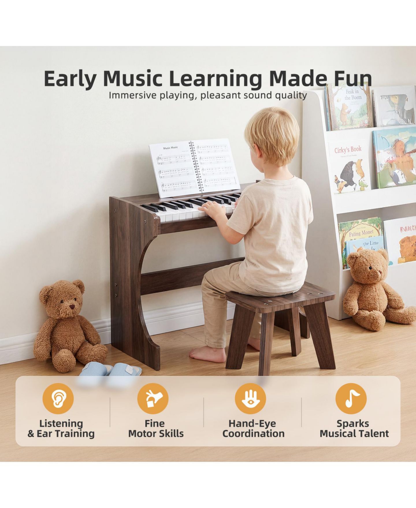 Детские игрушки SUGIFT 37-Key Wood-Grain Kids Piano with Bench, 2-Piece Set, Ages 3+, цвет: Коричневый — фото 4