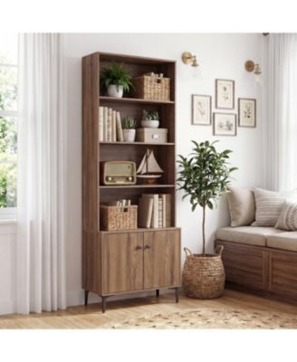 Bookshelf with Doors, Tall Bookcase with Open Display Shelves, Enclosed Cabinet and Anti-Tip