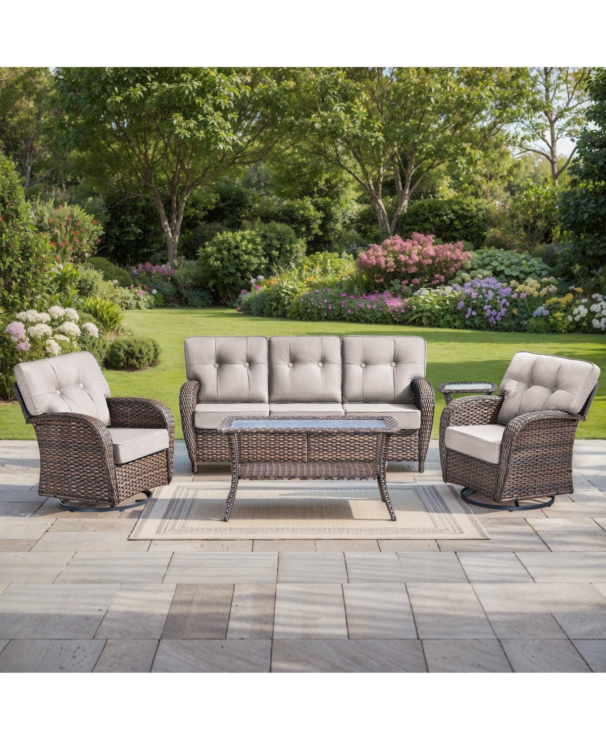 Pocassy 5-Piece Patio Furniture Set, 5" Thick Cushions, Swivel Rocker Chairs and Sofa, All-Weather Wicker Outdoor Conversation Set