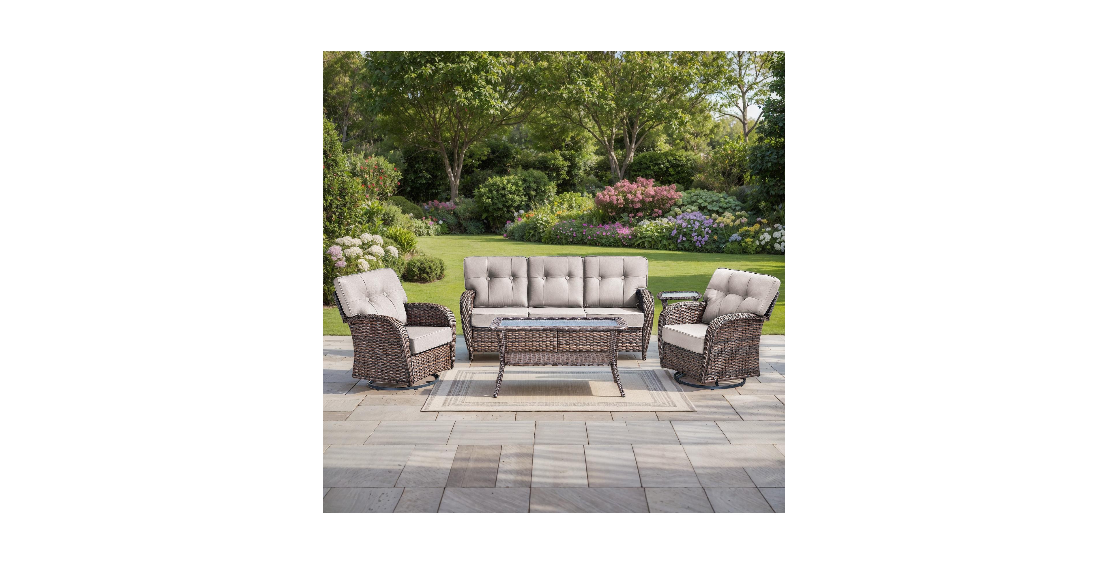 Pocassy 5-Piece Patio Furniture Set, 5" Thick Cushions, Swivel Rocker Chairs and Sofa, All-Weather Wicker Outdoor Conversation Set