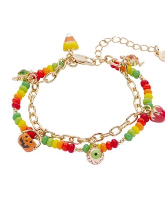 Peridot and Padparadscha Gold-Tone Trick or Treat Adjustable Beaded Charm Bracelet