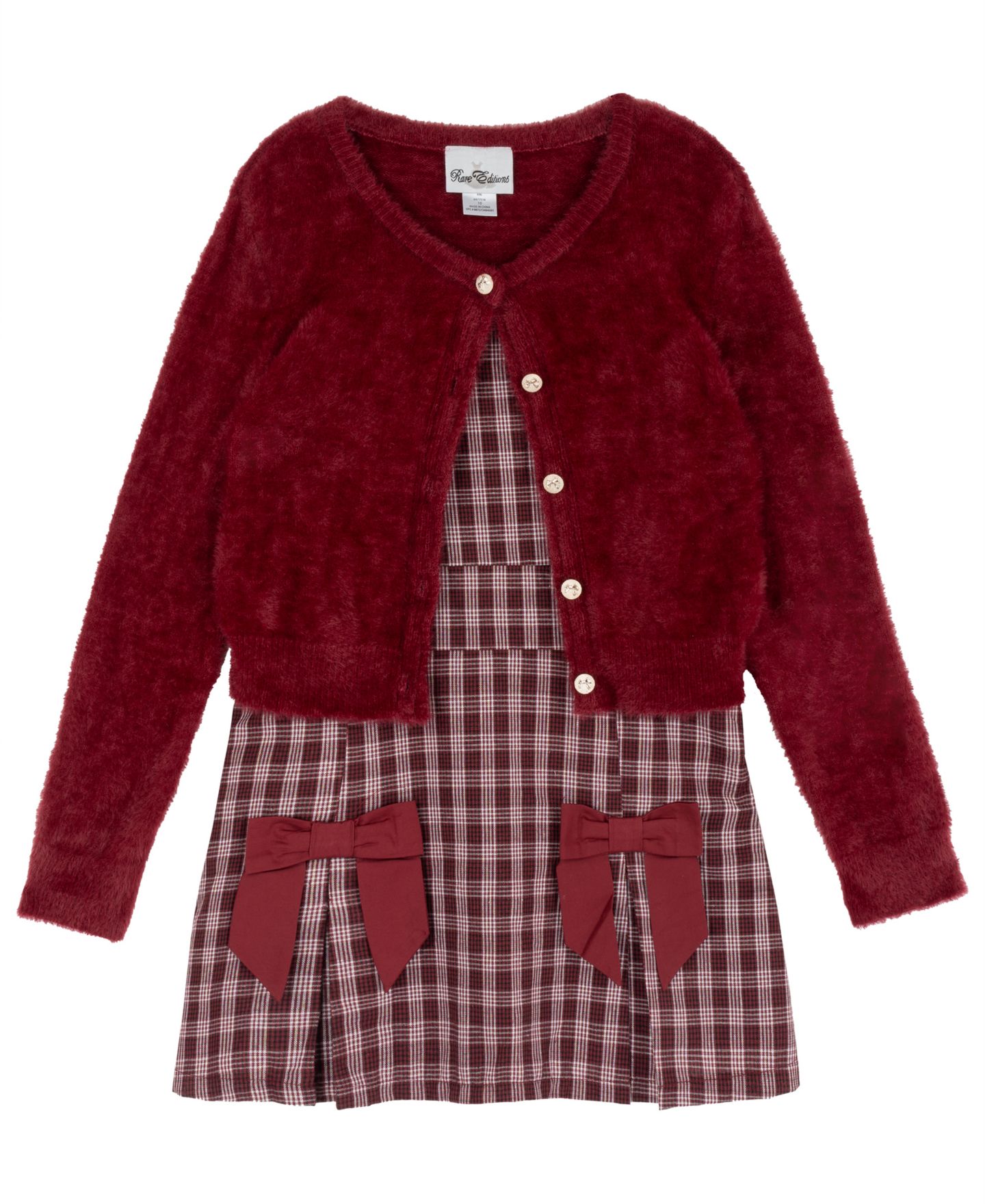 Платья Rare Editions Fit-and-Flare Holiday Square neck Cardigan and Dress, 2-Piece Set для девочек, цвет: Бордовый — фото 5