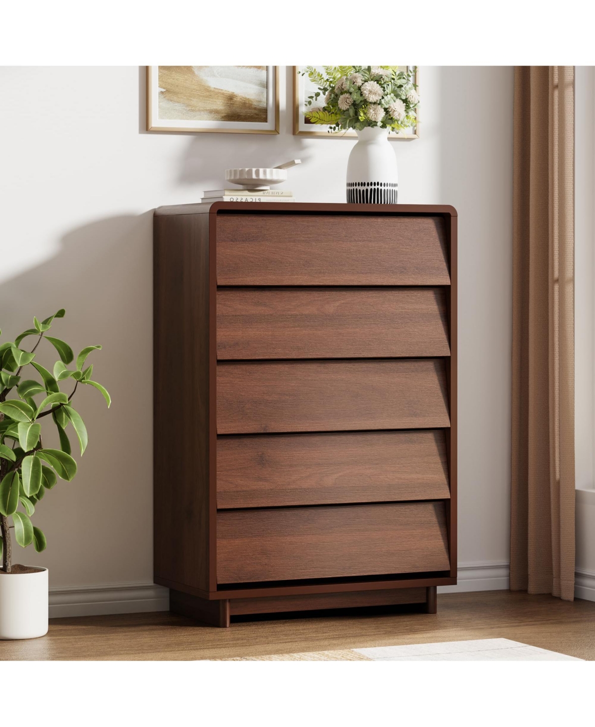 homfan Walnut 5 Drawer Dresser Modern Wood Tall Dresser Handle-Free Curved-Edge Design Large Storage for Bedroom