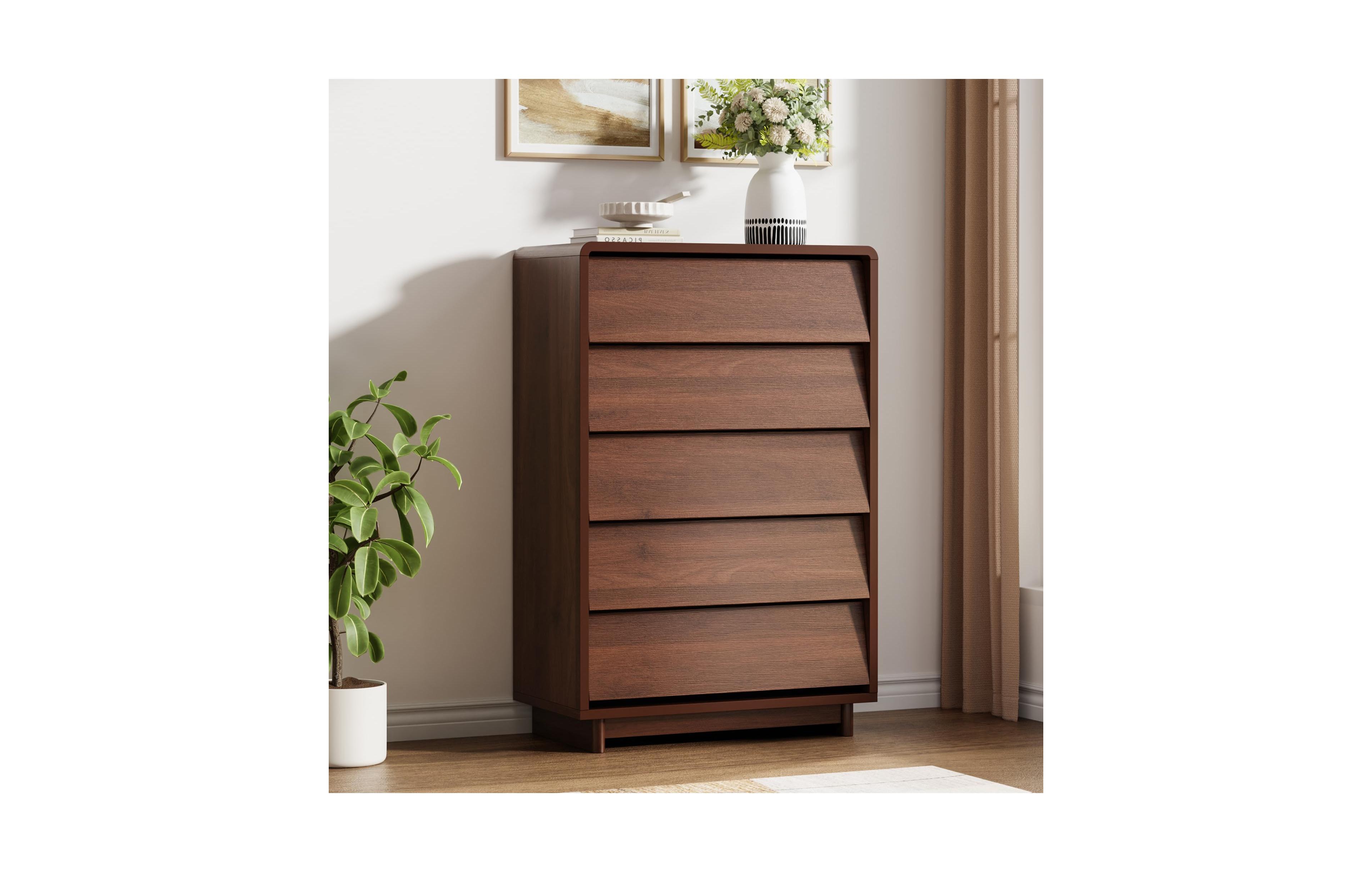 homfan Walnut 5 Drawer Dresser Modern Wood Tall Dresser Handle-Free Curved-Edge Design Large Storage for Bedroom