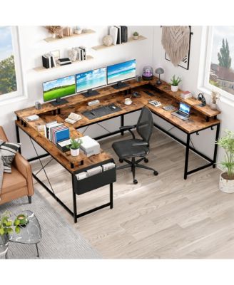 79-Inch U-Shaped Reversible Computer Desk L-Shaped Home Office Desk with LED Lights Power Outlets Monitor Stand for Gaming Study