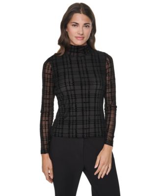 Women's Mock Neck Long-Sleeve Flocked-Mesh Knit Top