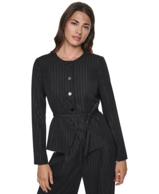 Women's Nailhead Pinstripe Collarless Button-Front Jacket