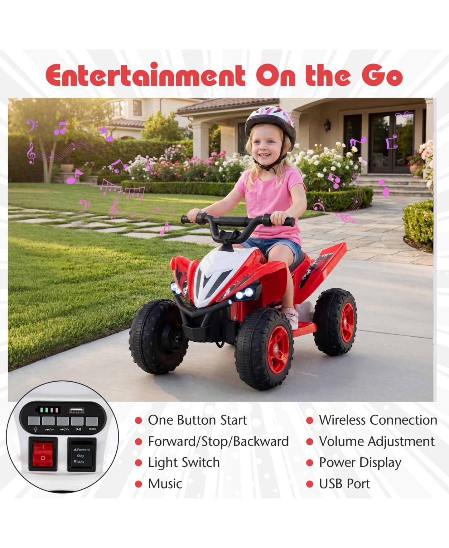 Детская игрушка SUGIFT 12V Rechargeable Ride-On ATV Quad with LED Headlights and 7 mph Max Speed, 66 lb Capacity, Ages 3+, цвет: Красный — фото 4