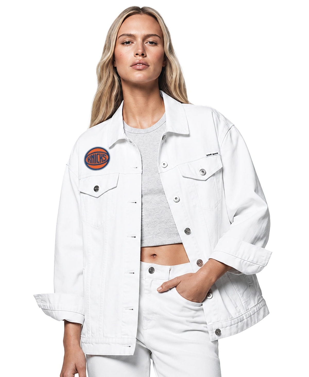Dkny Women's White New York Knicks Oversized Denim Trucker Jacket