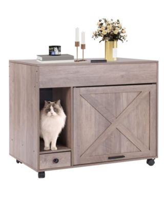 Wooden Cat Litter Box Enclosure Side Table with Wheels