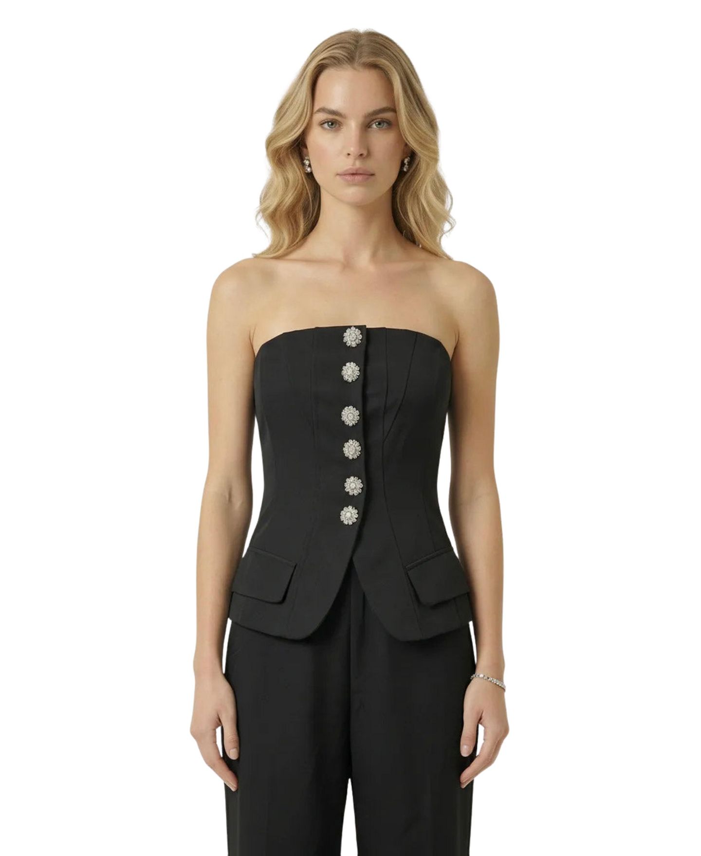 Женский комплект Modenaire Strapless Embellished Vest and Wide-Leg Pants, 2-Piece Set, цвет: Чёрный — фото 2