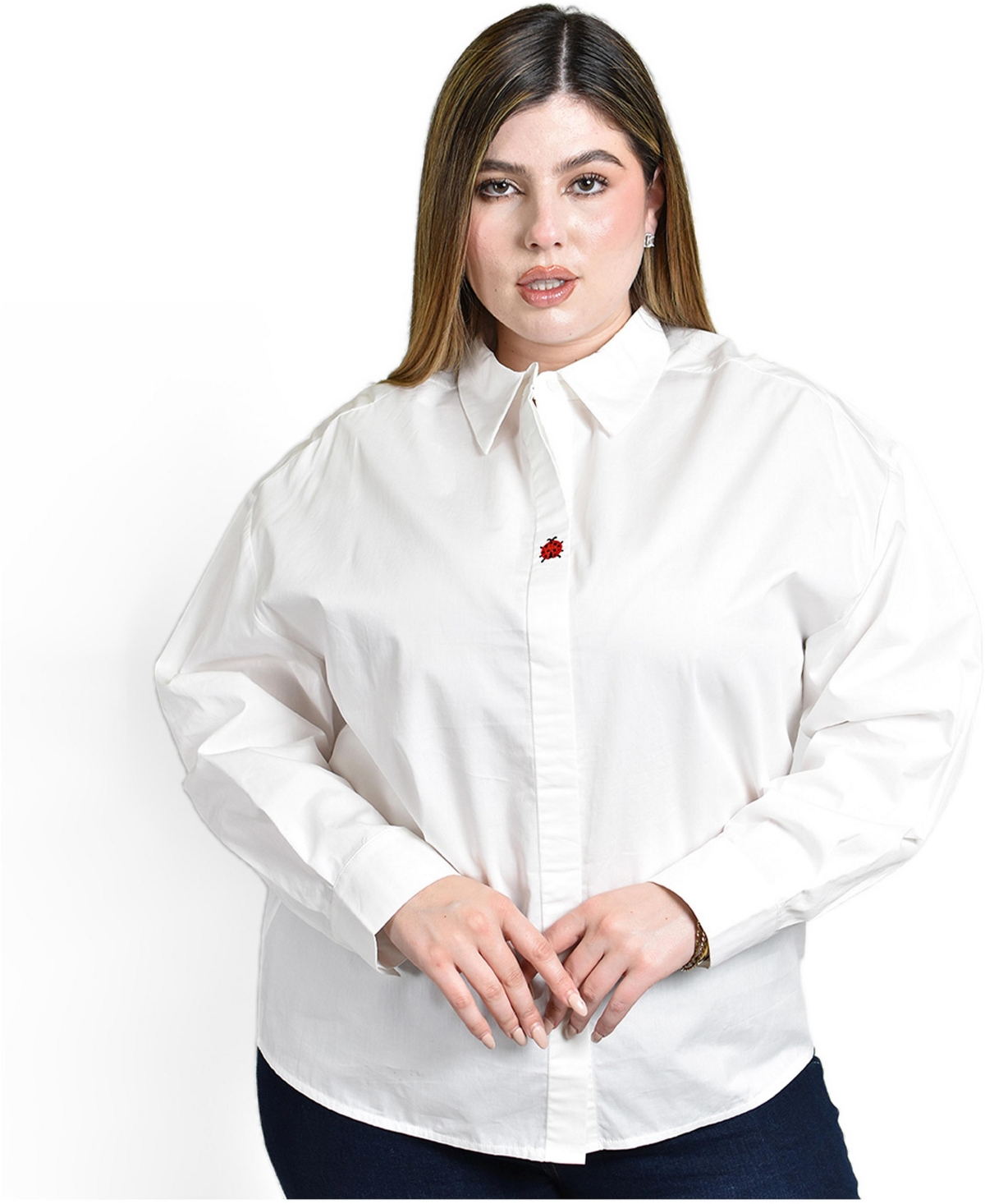 Roman Fashion Plus Size Long Sleeve Embroidered Shirt - White