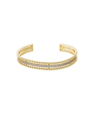 CZ 14K Gold Plated Beaded Multi Row Pav&eacute; Open Bangle