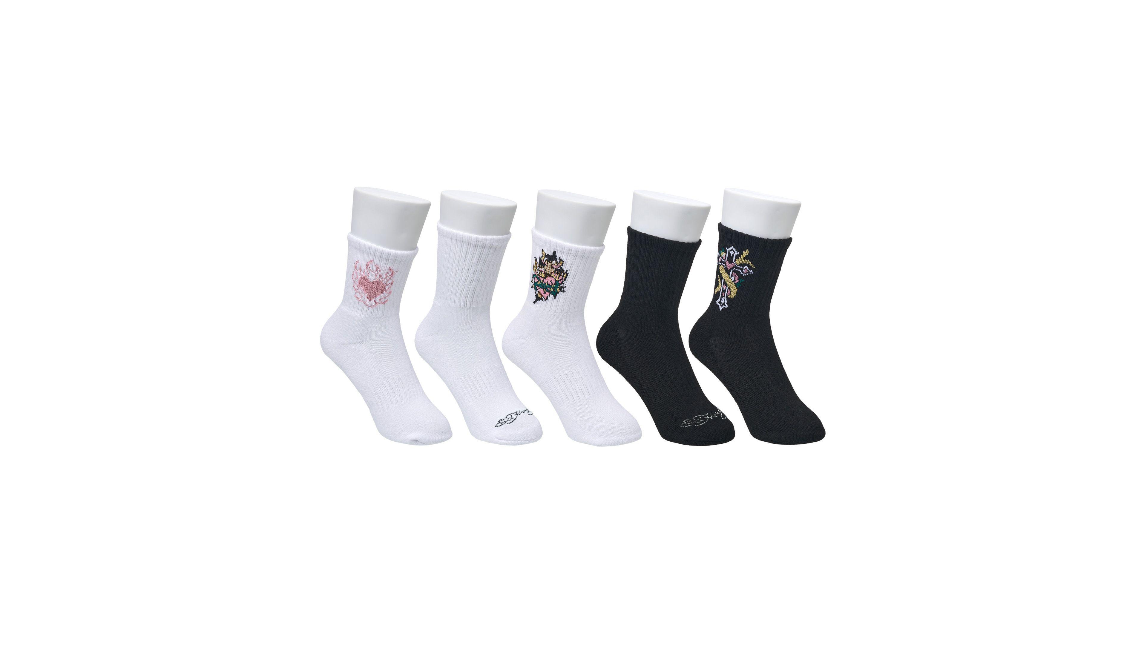 Ed Hardy Women's Flowery Cross Print Arch Support Half-Cushion Crew Socks, 5-Pack