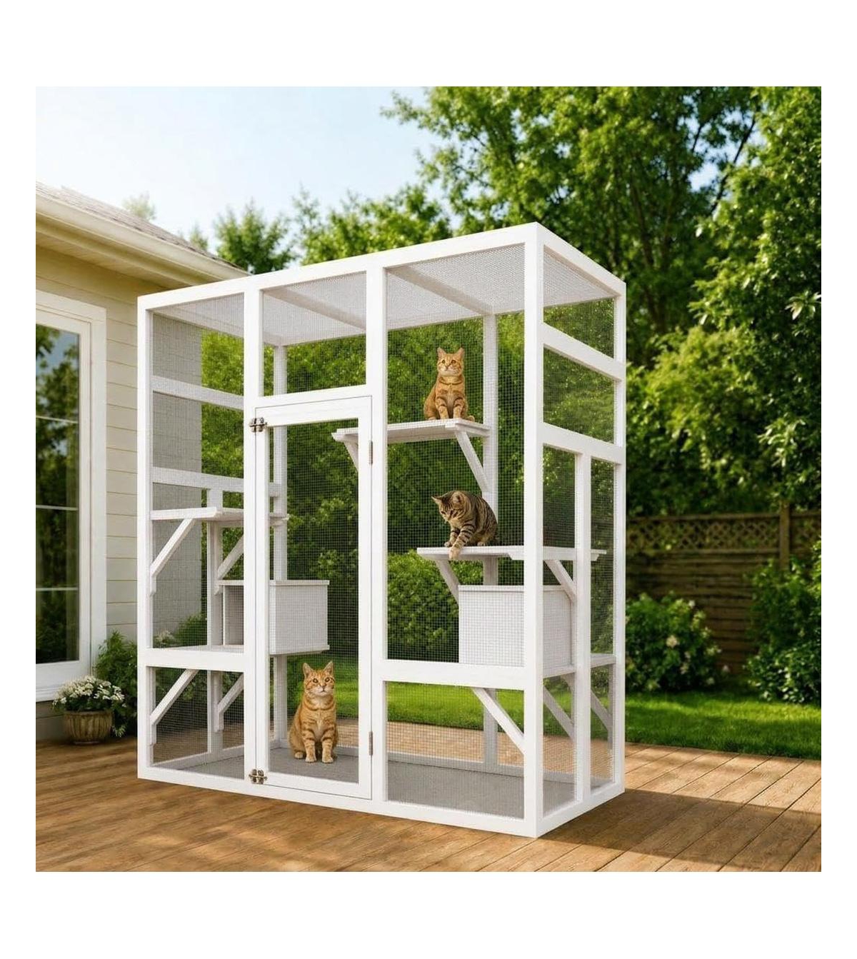 Lalfpet 70'' Catio Outdoor Cat House, Large Walk-in Enclosure for Multiple Cats with Waterproof Cover, Platforms and 2 Resting Boxes - White