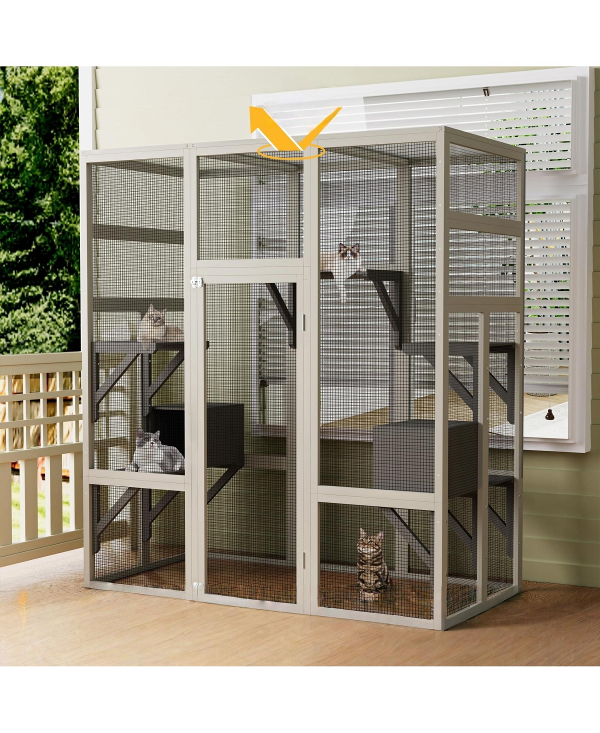 Lalfpet 70'' Catio Outdoor Cat House, Large Walk-in Enclosure for Multiple Cats with Waterproof Cover, Platforms and 2 Resting Boxes - Grey