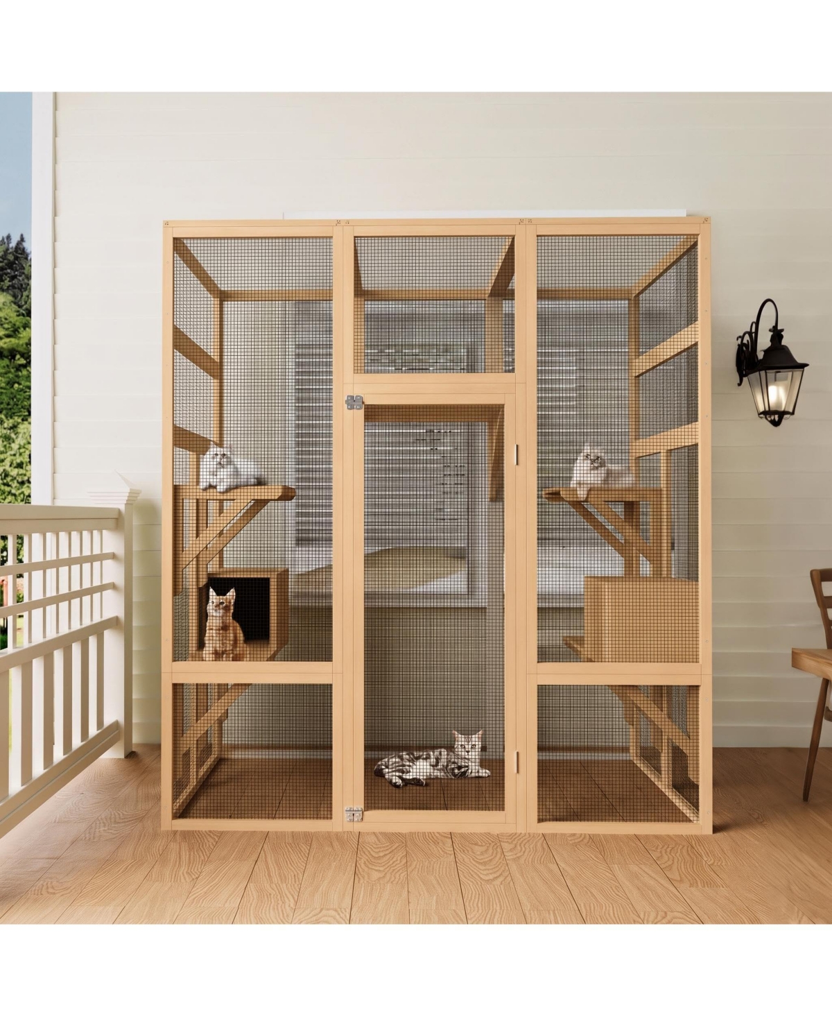 Lalfpet 70'' Catio Outdoor Cat House, Large Walk-in Enclosure for Multiple Cats with Waterproof Cover, Platforms and 2 Resting Boxes - Natural