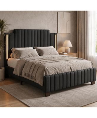 Modern LED Upholstered Platform Bed Frame, Twin Size with Vertical Channel Tufted Headboard