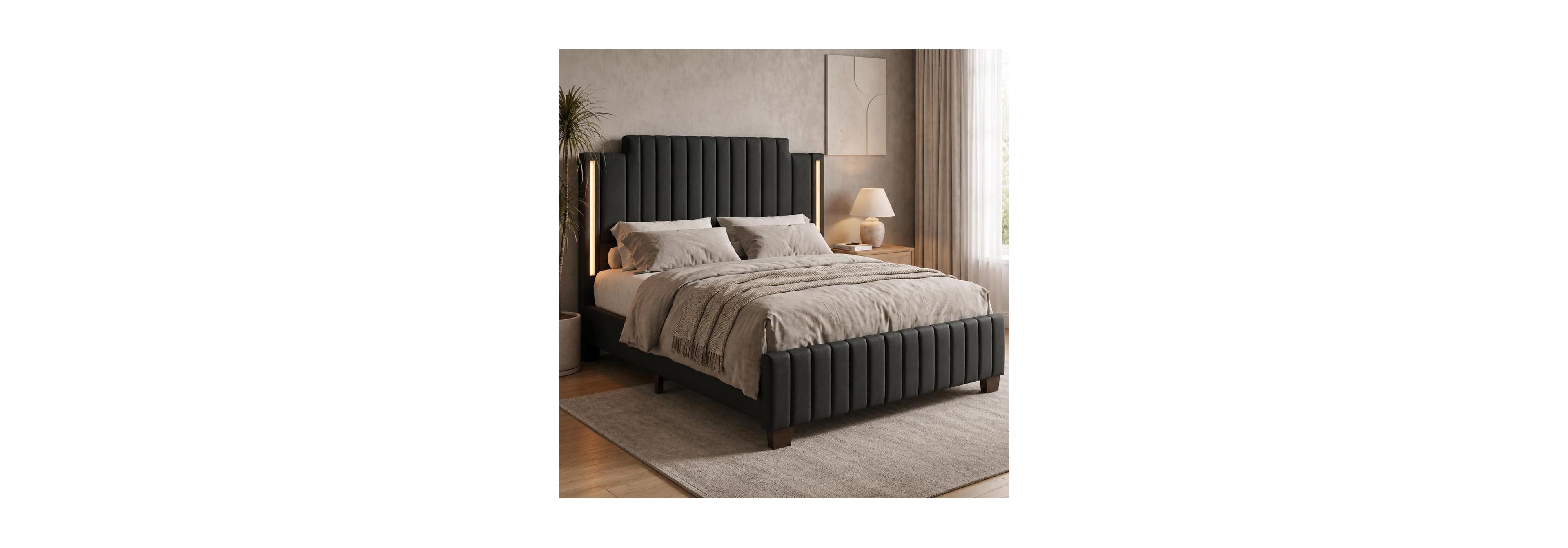 gaomon Modern Led Upholstered Platform Bed Frame, Twin with Vertical Channel Tufted Headboard