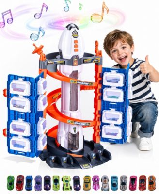 Rocket Ship Spiral Racing Track Elevator Lights and Music Vehicle Garage Playset with 16 Mini Toy Cars
