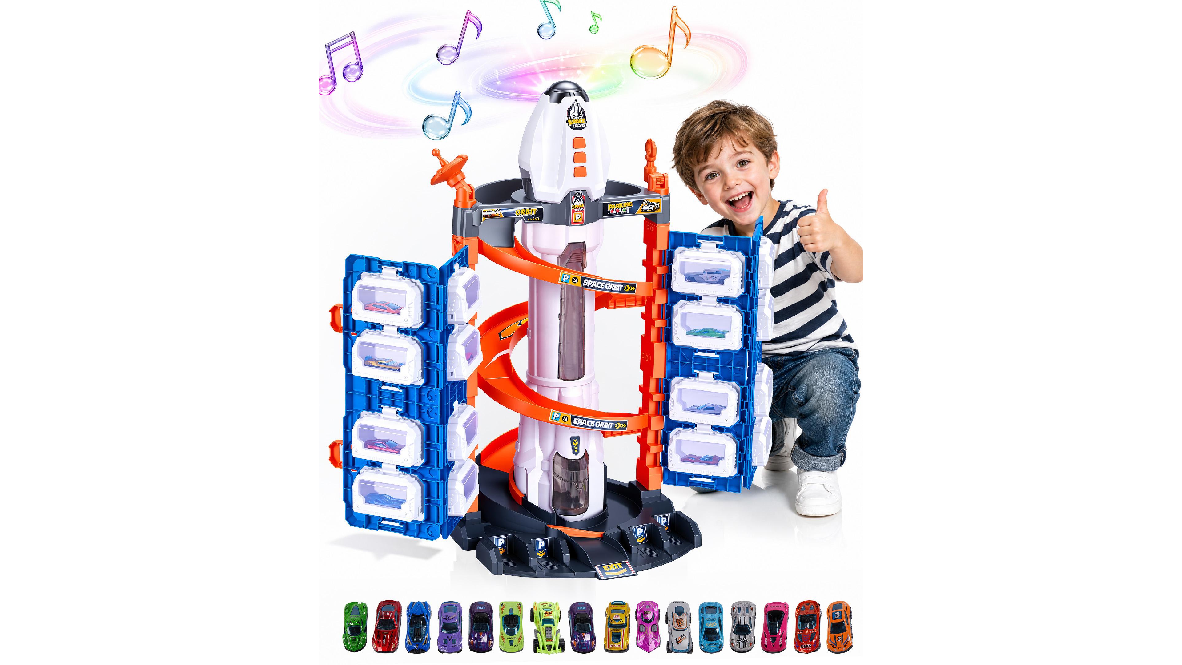 Sugift Rocket Ship Spiral Racing Track Elevator Lights and Music Vehicle Garage Playset with 16 Mini Toy Cars