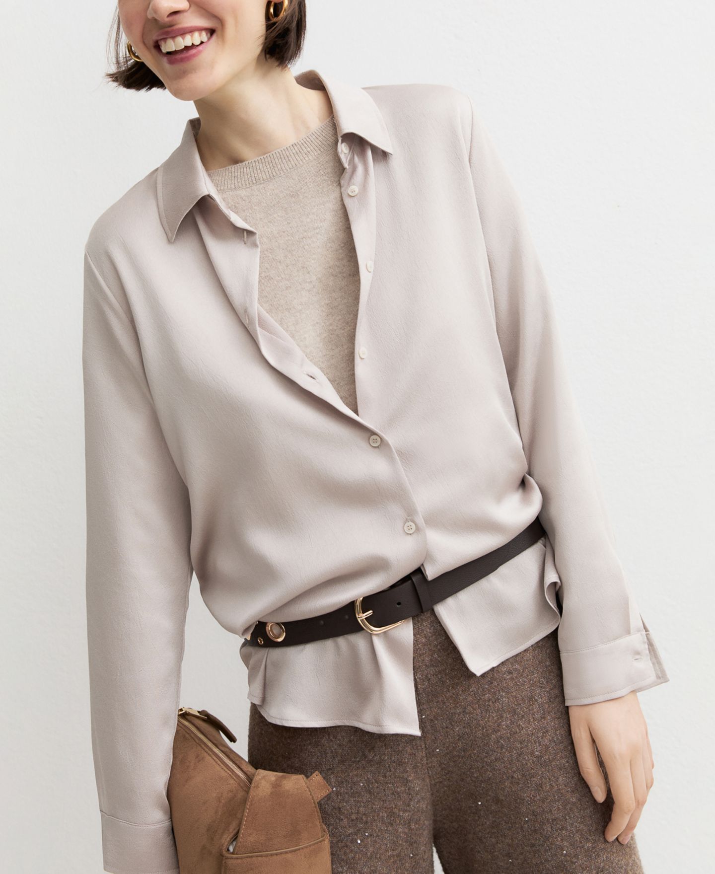 Женская блузка Emme Marella Emmlira Collared Long-Sleeve Crinkle-Finish Hammered Satin, цвет: Экрю — фото 3