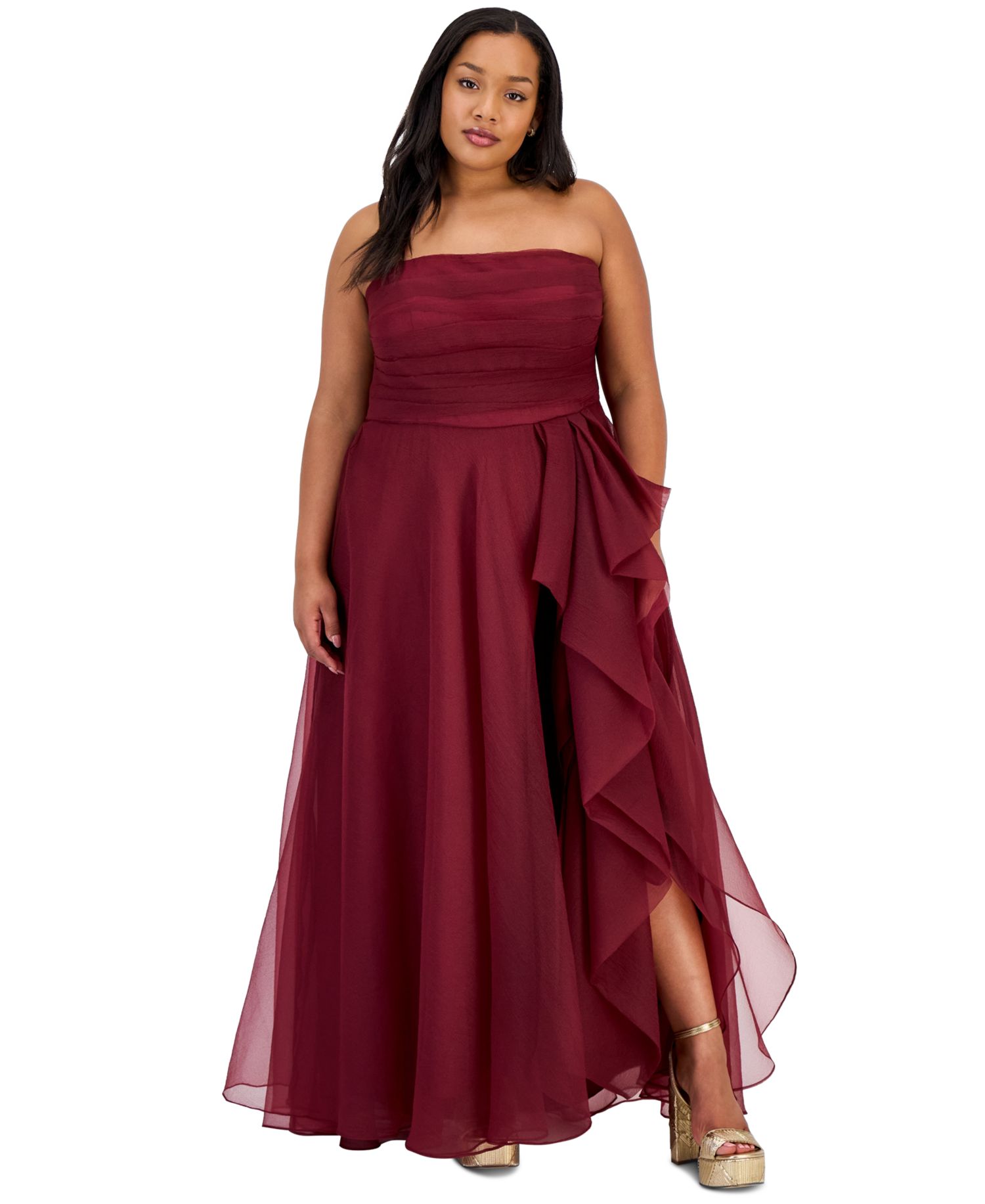 Trendy Plus Size Ruffled Strapless Gown