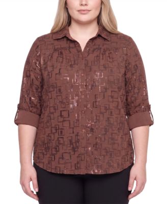 Plus Size Foil Print 3/4-Sleeve Roll-Tab Collared Blouse