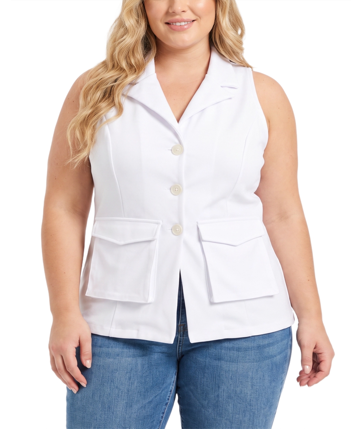 Ny Collection Plus Size Sleeveless Tailored Notch Collar Vest - White
