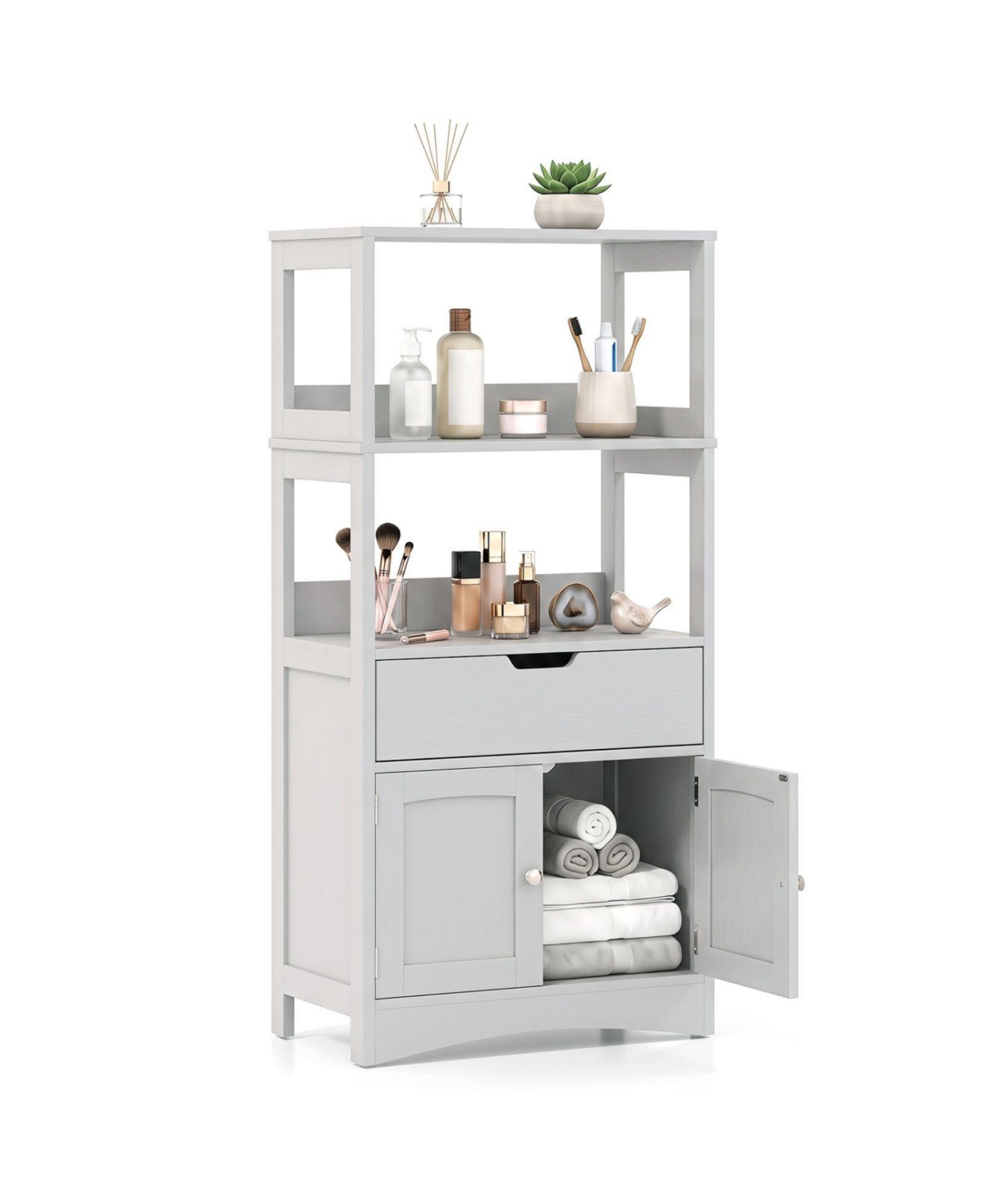 Sugift Wood Bathroom Storage Cabinet with Open Shelves and Drawer