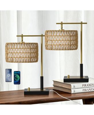 19.68-inch Modern Earthy Black/brass Metal Desk Lamps With Usb And Handwoven Shade