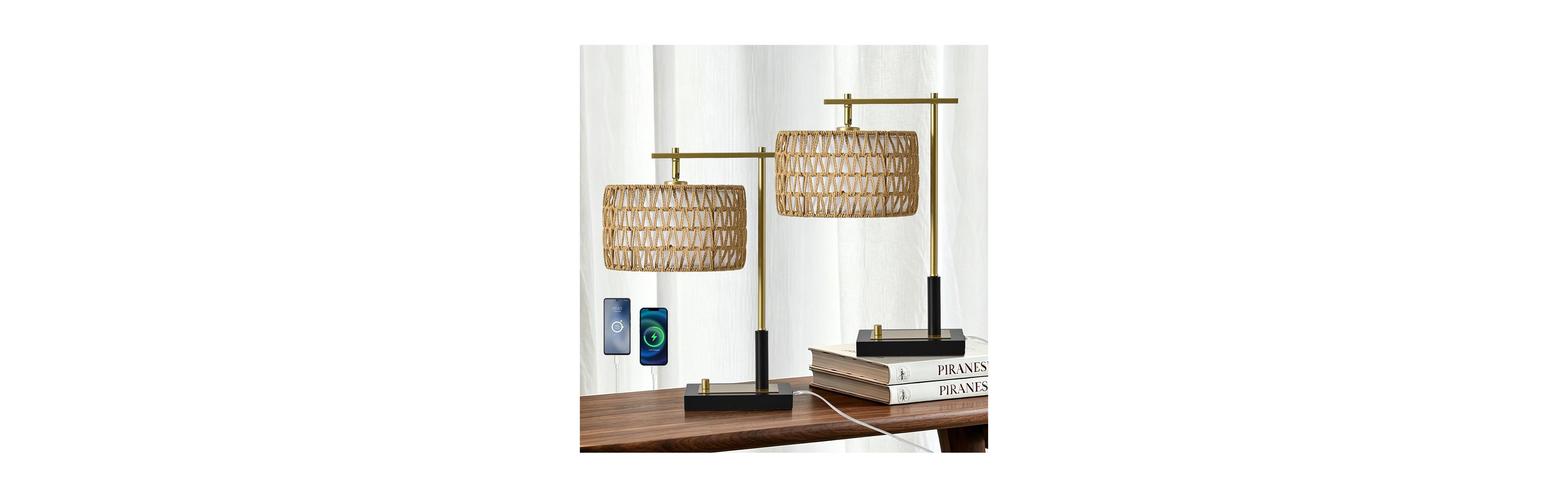 Sofucor 19.68-inch Modern Earthy Black/brass Metal Desk Lamps With Usb And Handwoven Shade