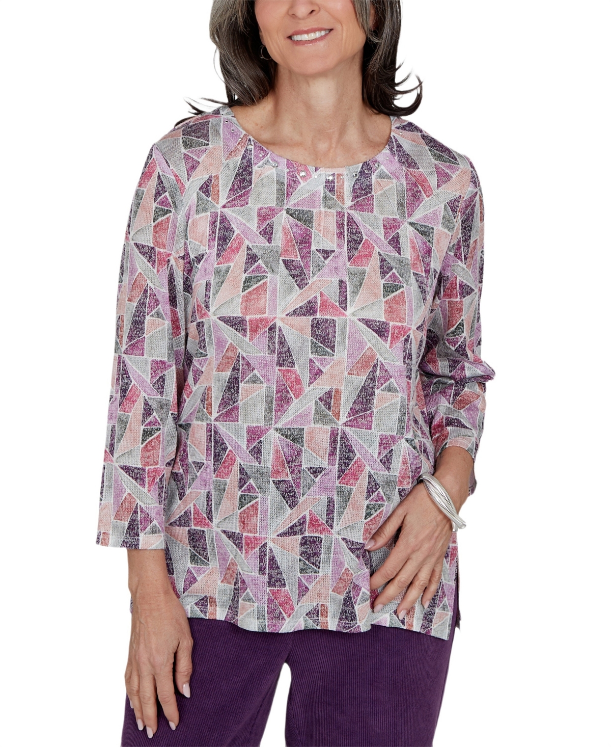 Alfred Dunner Women's Knit 3/4-Sleeve Geometric Blouse