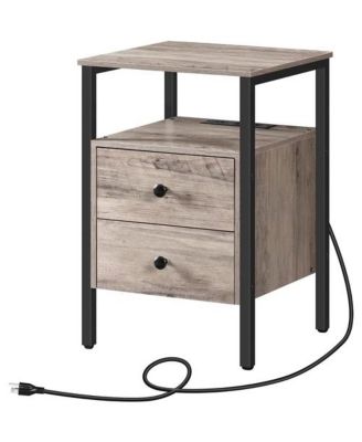 Metal Bedside Table with Wood Drawers and Open Shelf