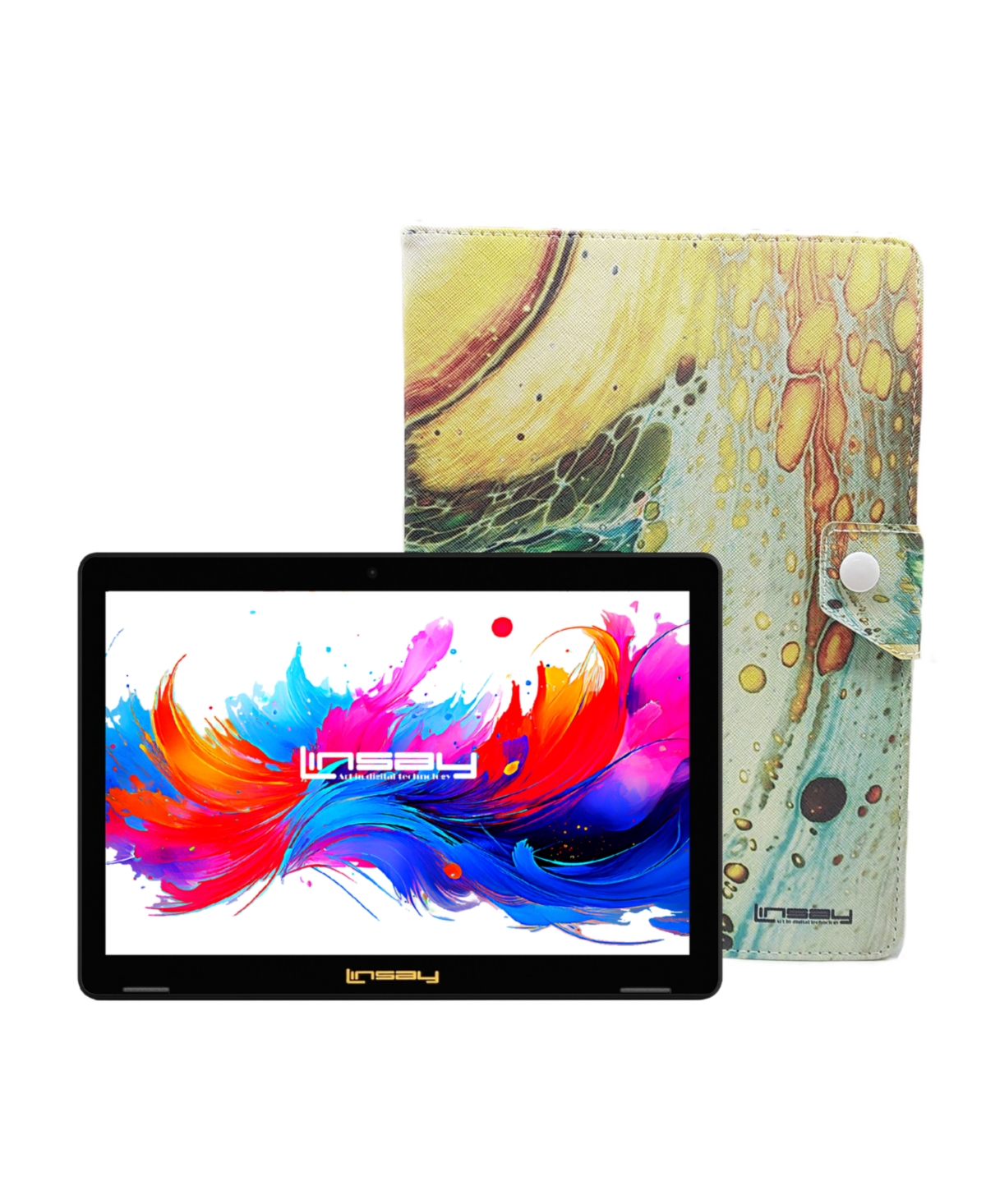 Linsay 10.1" Octa Core 256GB Storage Android 15 Tablet with Brown Leather Case