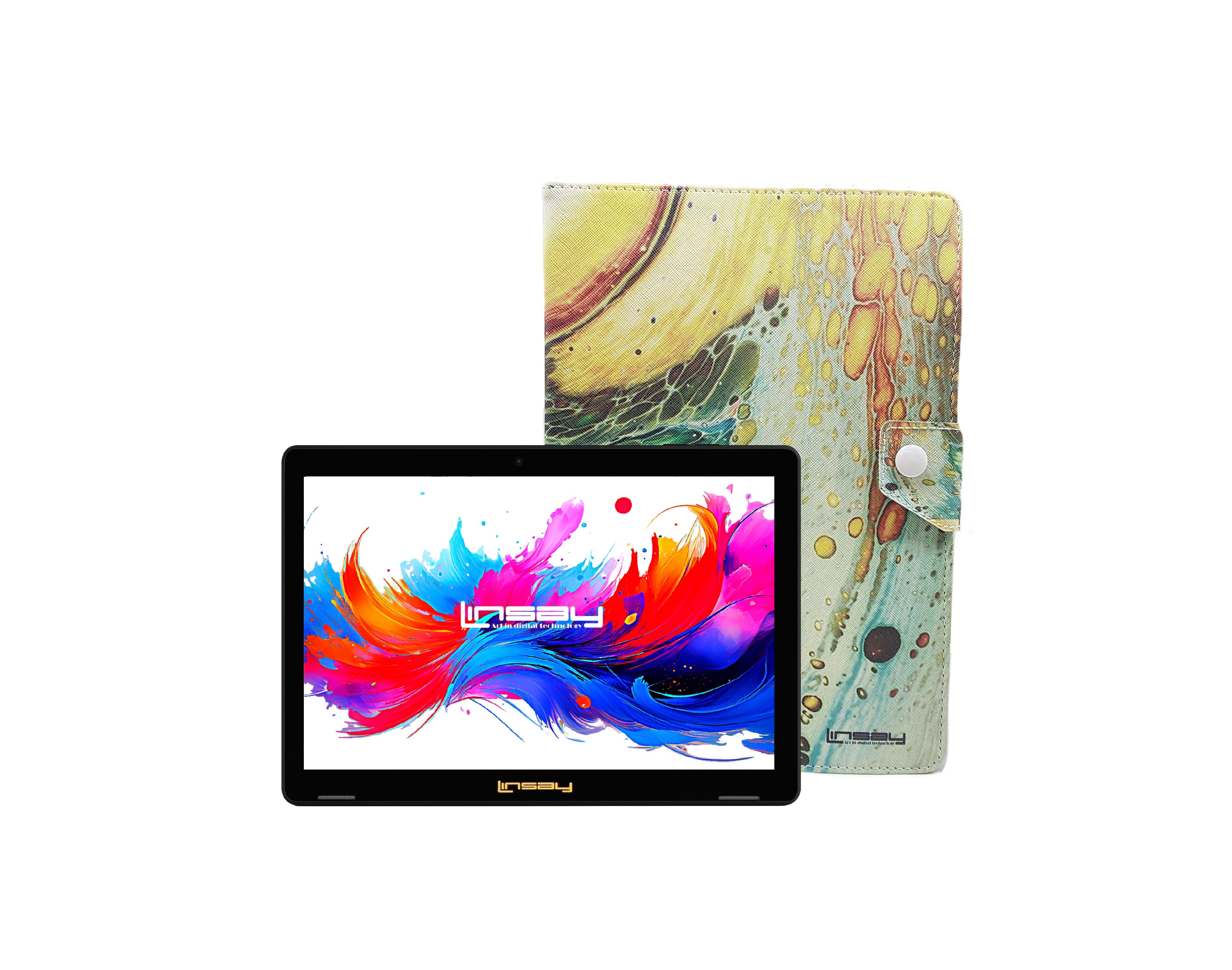 Linsay 10.1" Octa Core 256GB Storage Android 15 Tablet with Brown Leather Case