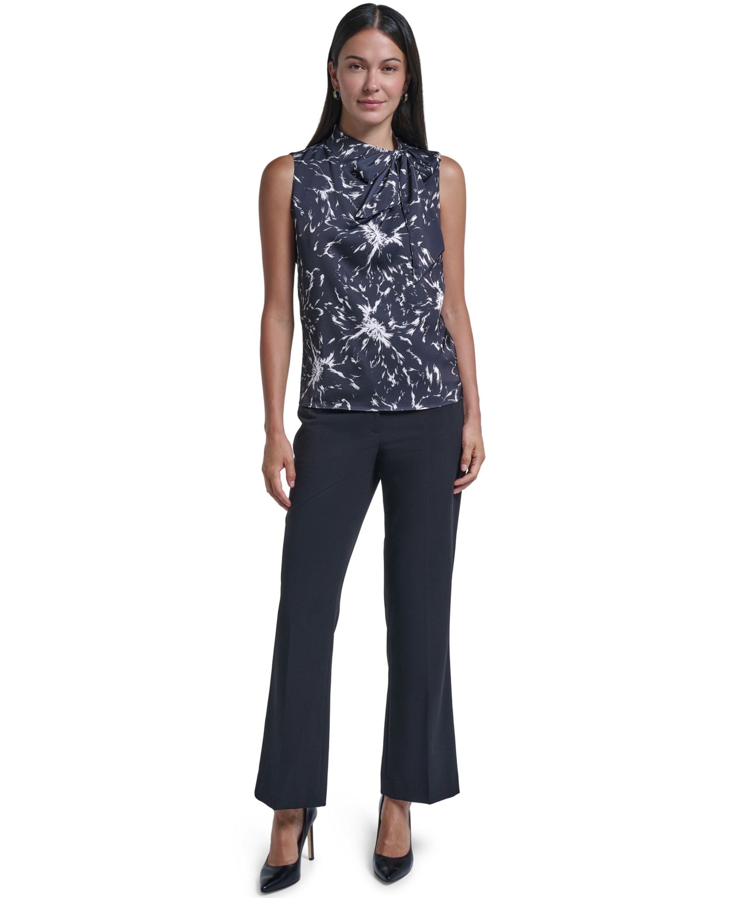 Женская блузка Calvin Klein Tie-Neck Floral Sleeveless, цвет: Чёрный кремовый — фото 2